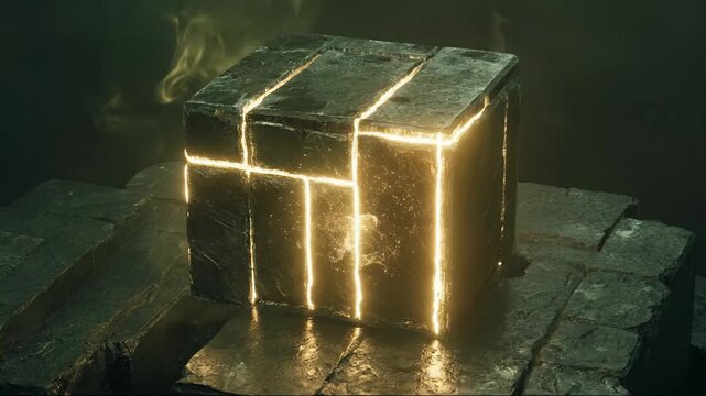 Mysterious Glowing Cube on Ancient Stone Pedestal with Wisps of Smoke
