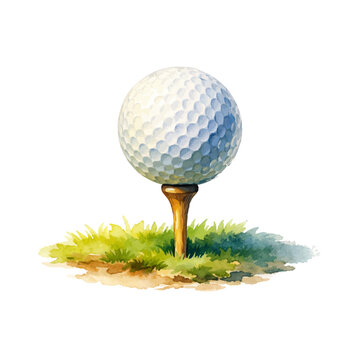 A watercolor vector of a golf ball on tee for sports, golf course design and outdoor recreation themes