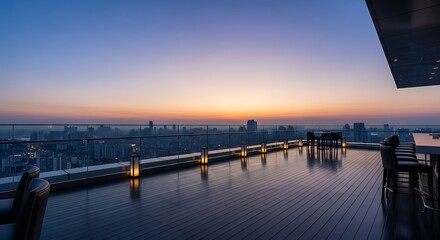 Fototapeta premium Modern rooftop bar terrace overlooking a city skyline at sunset