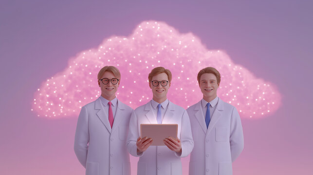 Tech Visionaries: A team of innovative scientists stands united, gazing towards the viewer while holding a digital tablet with radiant technology.