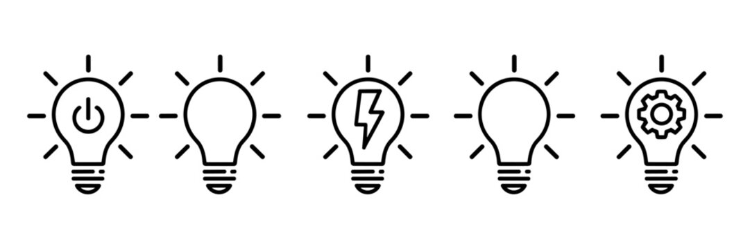 Light bulb icon set, innovation and solution symbols, visualization creative thinking, process generating idea