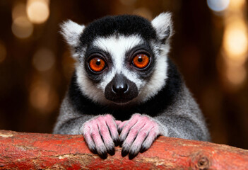 Fototapeta premium Ring-tailed lemur with striking orange eyes peeking over a red branch