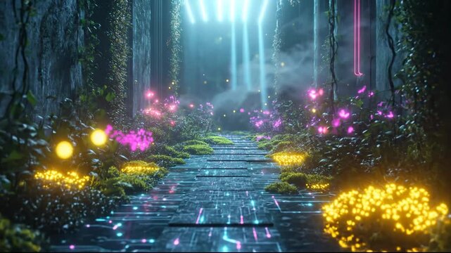 Mystical Digital Forest Pathway with Glowing Flora and Light Beams