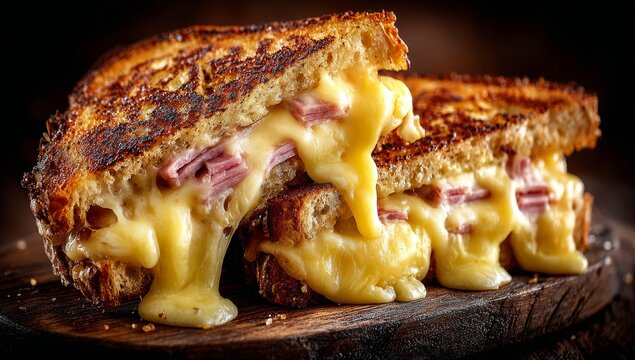 We must produce exactly five lines, each a rephrasing of the original sentence: &lsquo;Hot croque monsieur, French ham and grilled cheese sandwich on wooden board. Fast food. Tasty snack
