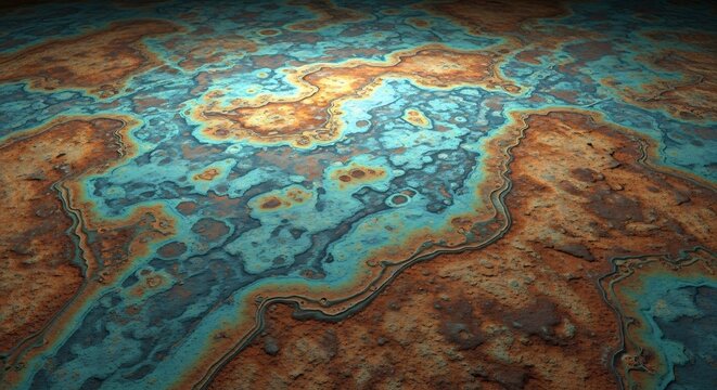 Abstract Swirling Patterns of Earthy Tones and Turquoise Hues.