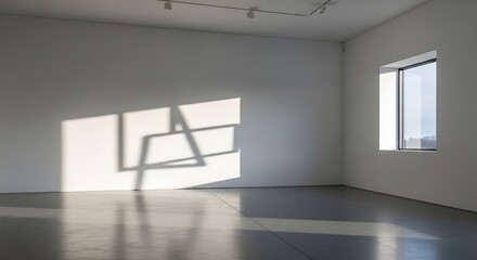 Fototapeta premium Empty modern art gallery room with geometric sunlight shadow on white wall