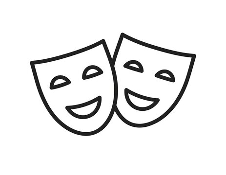 Black outline image of two theater masks. One shows happiness, the other shows comedy