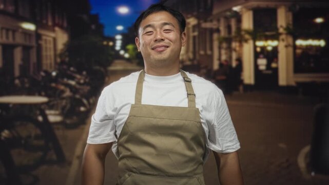Chinese man holds whisk and cleaver on bustling urban street at night; pride passion creativity confidence.
