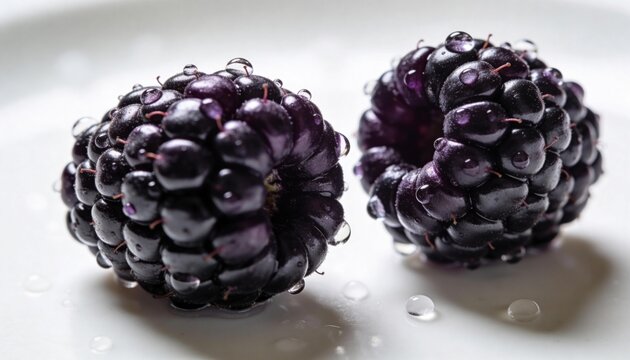 Close-up of two wet blackberries on a white plate with water droplets, showcasing their texture and purple color