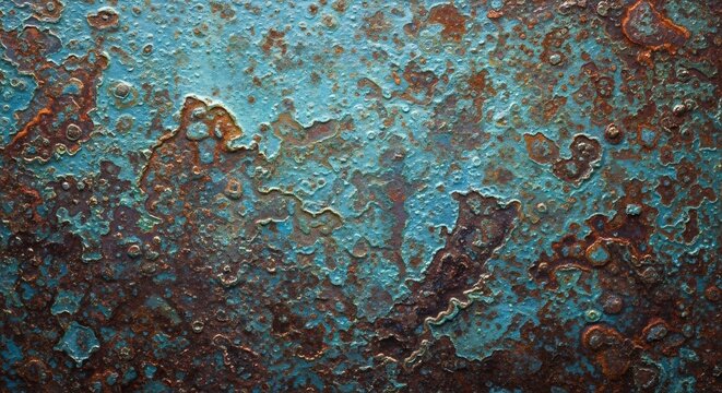 Close-up Texture of Aged Copper with Verdigris Patina and Rust.