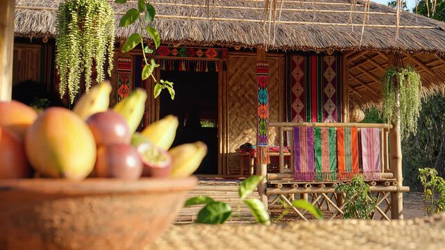 Bihu Festival Traditional House and Tropical Fruit Bowl in Assam