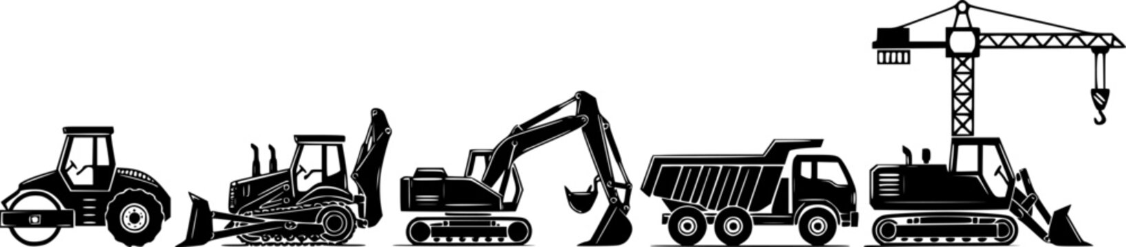 set of List of construction vehicles, tractors, and heavy machinery icons. Sideview artwork of construction and industrial vehicles, road roller, bulldozer, backhoe, excavator, dump truck, and crane b