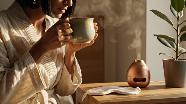Woman drinks tea from ceramic mug with steam and diffuser nearby. Female enjoying tea at home with aromatherapy diffuser. Woman sips hot tea from mug. Cozy tea drinking with steam and diffuser.