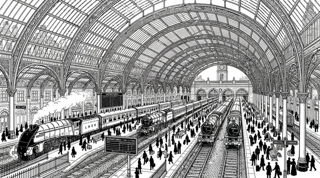 Grand historic train station interior with classic architecture, trains on tracks, and bustling passengers in a detailed black and white illustration.