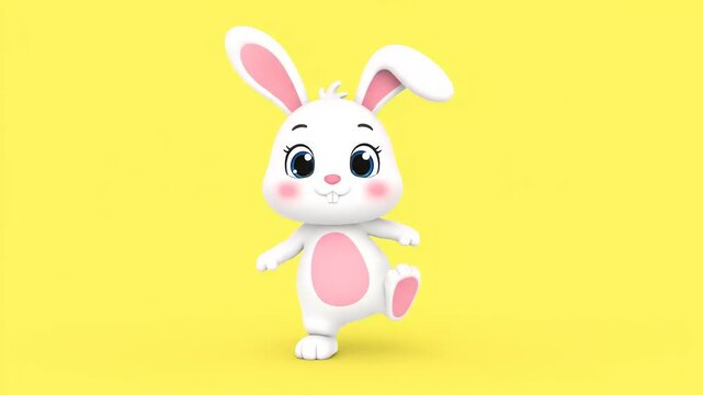 Adorable 3D Cartoon Rabbit walking cheerfully on sunny yellow background. Cute animal, playful and friendly expression, vibrant color, clean rendering.