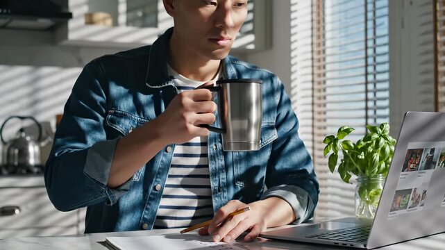 Man drinks coffee while working on laptop at kitchen table. Male freelancer sips coffee with laptop nearby. Man uses laptop drinking coffee. Kitchen workspace with coffee mug and laptop computer.
