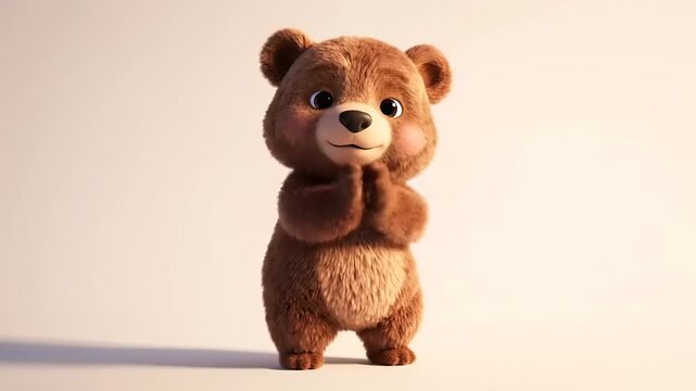 Adorable teddy bear character begging; 3D render, soft focus, warm colors, cute cartoon style. For children's content or heartwarming themes.