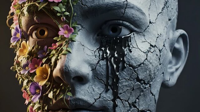 Split face features one side alive with colorful flowers and green vines, contrasting with a cracked, dry gray side weeping black tears. Symbolizes nature vs pollution, life vs decay,