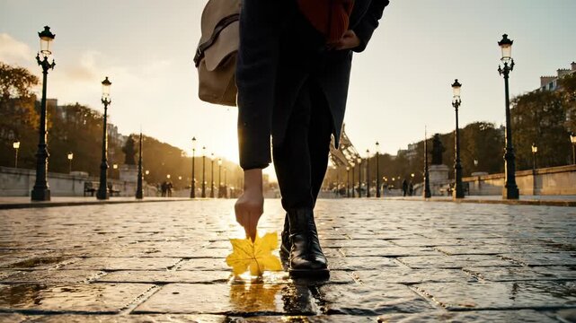 Woman picks up yellow autumn leaf on Paris street. Woman holds fall leaf near Eiffel Tower. Walking woman enjoys autumn city view. Leaf in hand on wet bridge. Paris autumn season brings sunlight.