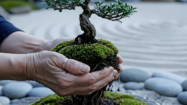Hands gently hold a beautiful bonsai tree with lush green moss and exposed roots, set against a serene raked sand Zen garden. Perfect for gardening, mindfulness, nature, and cultural themes.