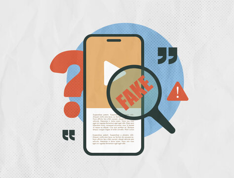 AI misinformation detection, video content verification with fake media flagging warning indicators. Text and video analysis for trust control in social platforms, trendy halftone collage illustration