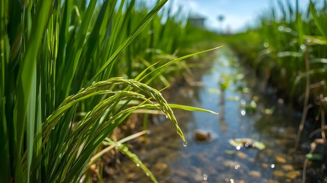 A close-up of green rice stalks with grain heads ripening over a water-filled irrigation ditch in a lush field.