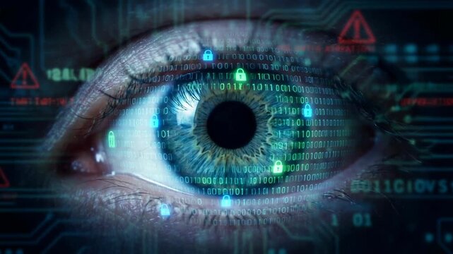 Close-up of an eye digital code concept. Close up of human eye with digital security code and cyber protection concept
