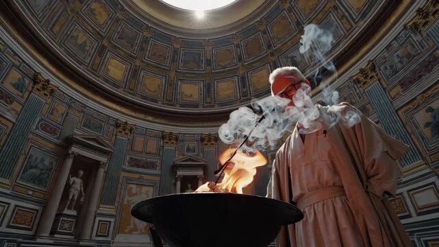 man tends brazier with fire beside altar. statue and sculpture surround dome with oculus. temple interior presents classical architecture. still interior within monumental space. marble floor.