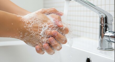Fototapeta premium Hands Washing Under Running Water in Sink.