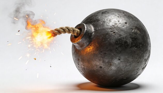 A large metal wrecking ball with a burning fuse and explosion on a plain white background with dramatic lighting