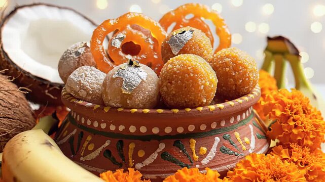 Bihu Festival Traditional Indian Sweets and Fruits in Clay Pot