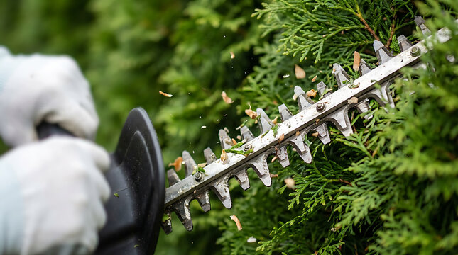 Close-up of gloved hands operating an electric hedge trimmer, precisely cutting and shaping green garden bushes with flying debris during outdoor maintenance.