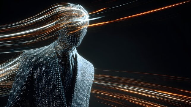 Abstract human figure with flowing light trails, futuristic motion blur portrait, digital transformation, speed and energy visualization, technology inspired art, dynamic lines and modern creative 