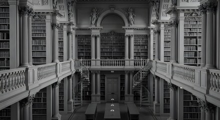 Fototapeta premium Grand Library Interior: Classic Architecture with Bookshelves and Spiral Staircase