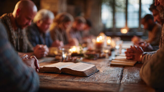 christian worship group praying together with scripture on wooden table in intimate cozy church interior