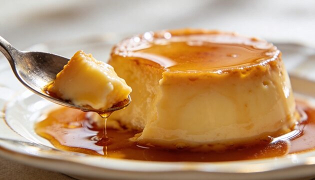 Close-up of a creamy flan dessert on a white plate with caramel sauce and a spoonful being lifted, against a blurred background