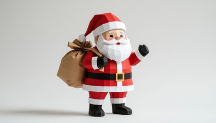 Fototapeta premium A colorful paper Santa stands cheerfully with a bag. This Santa is dressed in a traditional red suit and has a white beard.