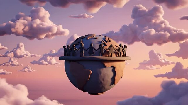 3D animated world globe with diverse people holding hands around the equator, floating in a peaceful sunset sky. Symbolizing global unity, peace, community,