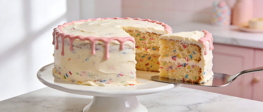 Gluten-Free Vegan Funfetti Cake with Vanilla Frosting and Pink Drip. Delicious Sliced Birthday Cake with Colorful Sprinkles on White Stand.