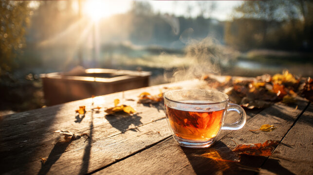 Cup of tea steaming on a weathered wooden table surrounded by scattered fall leaves, bathed in the glow of the sun shining on an outdoor fire pit