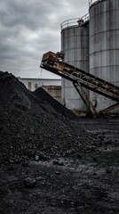 Obraz premium Industrial coal production scene with conveyor and storage facilities