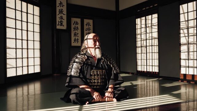 Seated samurai in armor practices meditation. Elderly warrior sits in traditional dojo with shoji and calligraphy. Zen discipline and calm posture. Sunlight creates long shadows. Tatami floor visible.