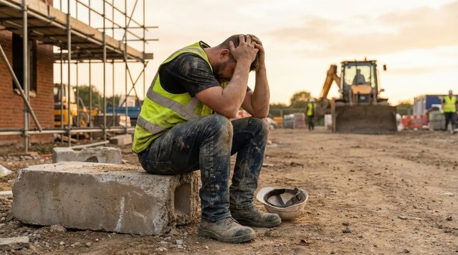 Exhausted construction worker at sunset on a building site. International workers day. Labour day
