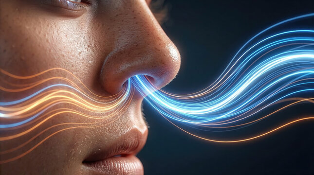 Nose with abstract waves for olfaction concept. A close-up of a person experiencing the flow of energy.