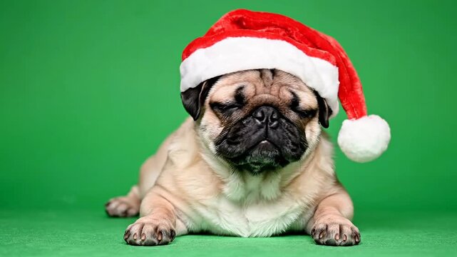Cute pug dog wearing Santa hat on green background 4k Video