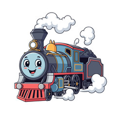 Cute Cartoon Steam Train with Happy Face and Smoke. © LafifahFitriyani