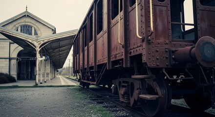 Obraz premium Vintage Train Carriage at Old Railway Station