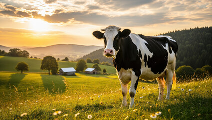 Fototapeta premium Cow grazing peacefully in green field concept. A serene cow standing in a vibrant green field at sunset.