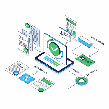 Isometric illustration of a loan application process with documents and digital interface.