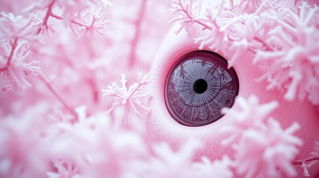 Close-up of a pink eye surrounded by delicate floral shapes.